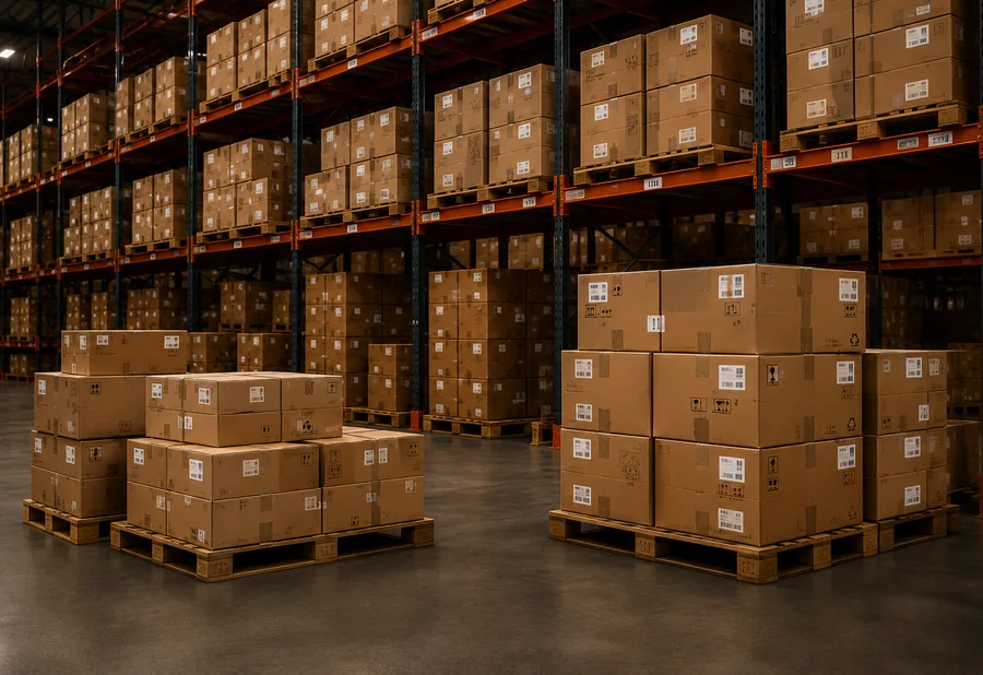 Rayonnages de l'entrepôt remplis de palettes de marchandises